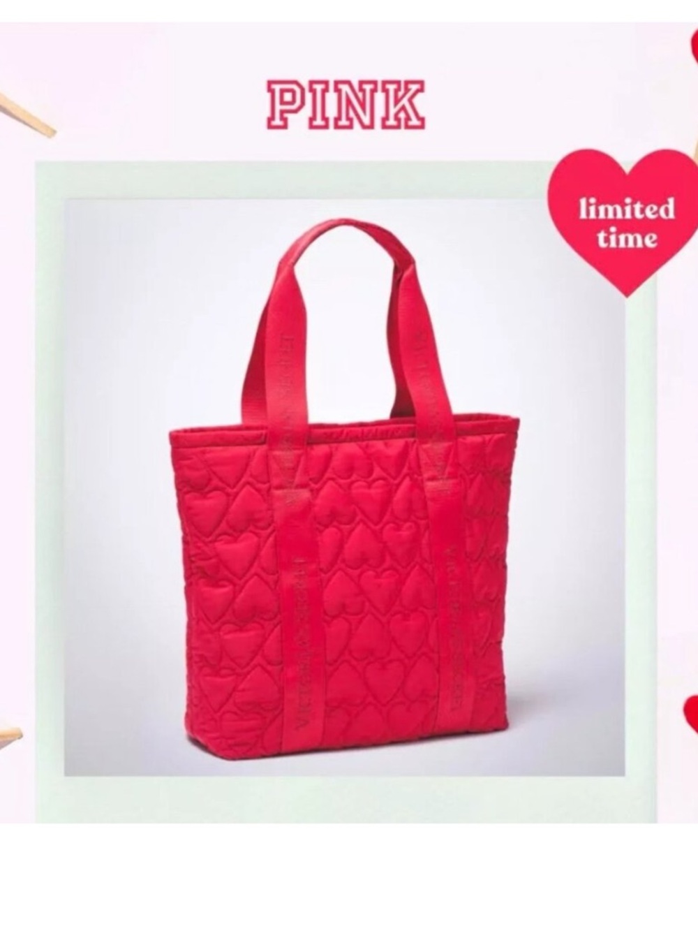 Victoria's Secret VS Quilted Red Hearts Puffer Tote Bag Weekender Y2K Style